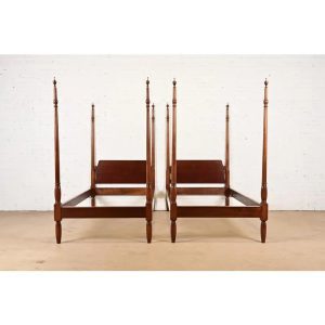 Baker Furniture Style Federal Carved Mahogany Twin Size Poster Beds, Pair