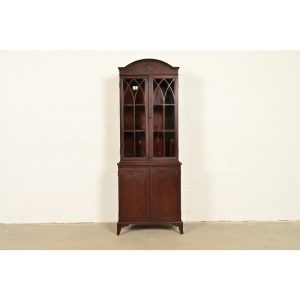 English Regency Antique Carved Mahogany Breakfront Bookcase Cabinet, Circa 1890s