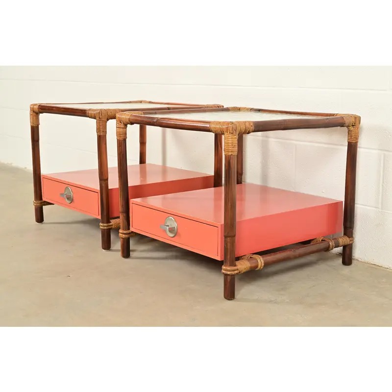 John Wisner for Ficks Reed Mid-Century Hollywood Regency Bamboo Rattan Glass Top Side Tables, Pair