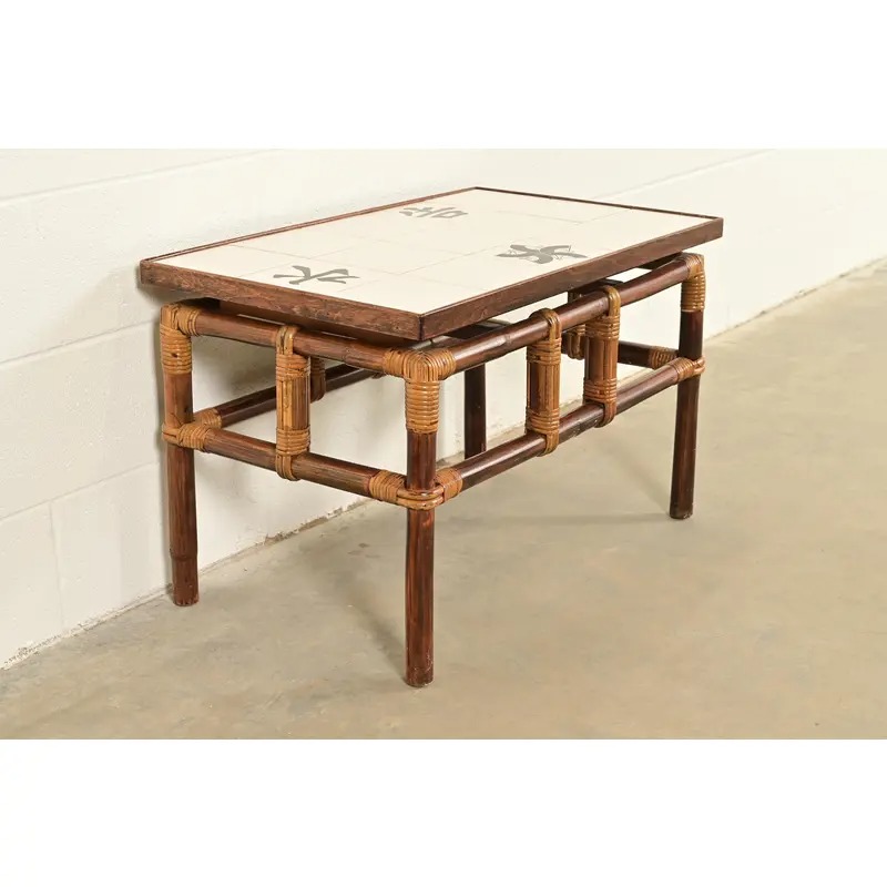 John Wisner for Ficks Reed Mid-Century Hollywood Regency Bamboo Rattan Tile Top Side Table, 1950s