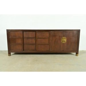 Michael Taylor for Baker Furniture Hollywood Regency Chinoiserie Walnut Sideboard Credenza, Circa 1950s