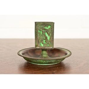 Apollo Studios New York Arts & Crafts Grapevine Pattern Bronze and Slag Glass Ashtray With Matchbox Holder