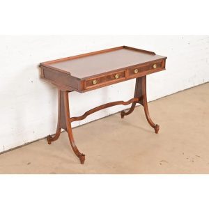 Baker Furniture English Regency Burled Walnut Writing Desk or Console Table, Newly Refinished