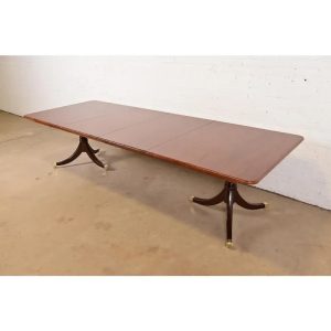 Baker Furniture Style Georgian English Yew Wood and Mahogany Double Pedestal Extension Dining Table, Newly Refinished