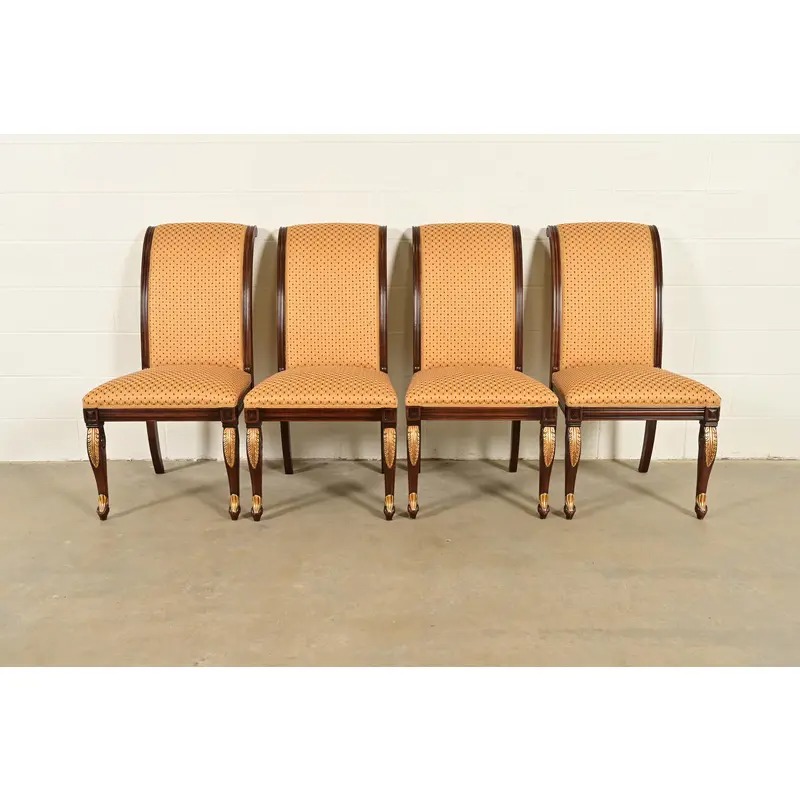 Baker Furniture Style Regency Carved Mahogany and Gold Gilt Dining Chairs, Set of Four