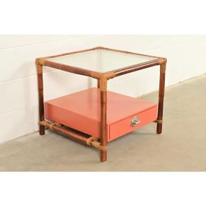 John Wisner for Ficks Reed Mid-Century Hollywood Regency Bamboo Rattan Glass Top Side Table, 1950s