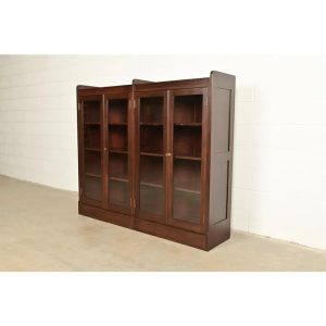 Limbert Style Antique Arts & Crafts Mahogany Double Bookcase Cabinet, Newly Refinished