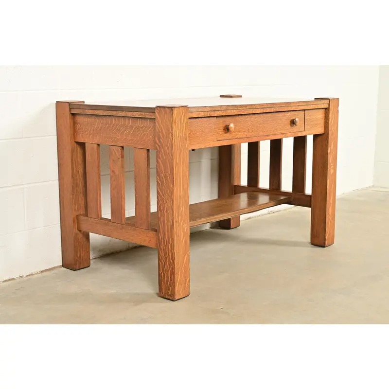 Stickley Brothers Style Antique Mission Oak Arts & Crafts Writing Desk or Library Table, Circa 1900