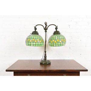 Tiffany Studios Arts & Crafts Bronze Double Arm Student Lamp With Stained Leaded Glass Acorn Shades