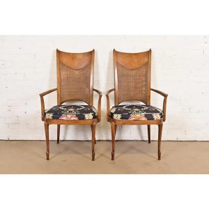 William Doezema for Mastercraft Mid-Century Modern Hollywood Regency Burl Wood and Cane Back Armchairs, Pair