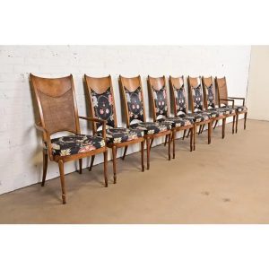William Doezema for Mastercraft Mid-Century Modern Hollywood Regency Burl Wood Dining Chairs, Set of Eight