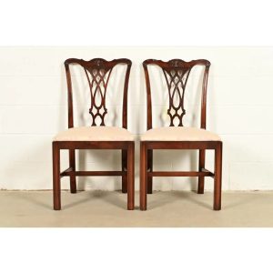 Baker Furniture Style Georgian Carved Mahogany Side Chairs or Dining Chairs, Pair