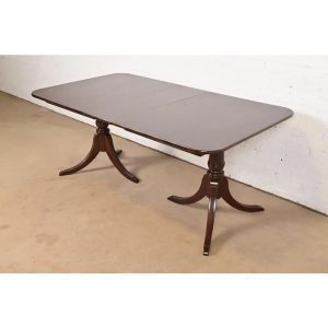Baker Furniture Style Georgian Mahogany Double Pedestal Extension Dining Table, Newly Refinished