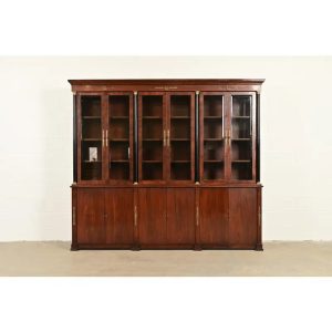 Baker Furniture Style Monumental French Empire Mahogany Breakfront Bookcase Cabinet With Mounted Ormolu