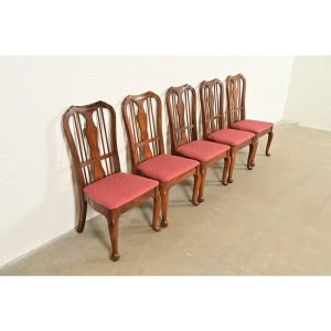 Baker Furniture Style Queen Anne Solid Walnut Dining Chairs, Set of Five