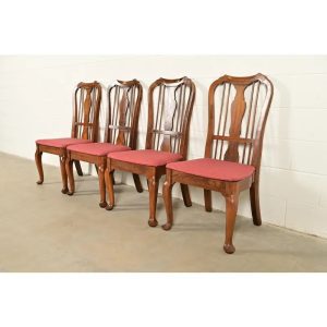 Baker Furniture Style Queen Anne Solid Walnut Dining Chairs, Set of Four