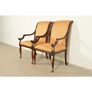 Baker Furniture Style Regency Carved Mahogany and Gold Gilt Armchairs, Pair