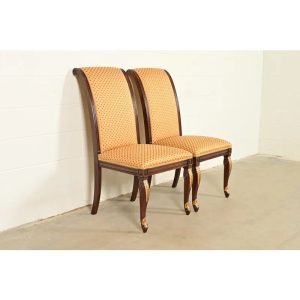 Baker Furniture Style Regency Carved Mahogany and Gold Gilt Side Chairs or Dining Chairs, Pair