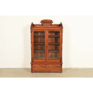 Herter Brothers Style Antique Eastlake Victorian Carved Burled Walnut Bookcase, Circa 1880s