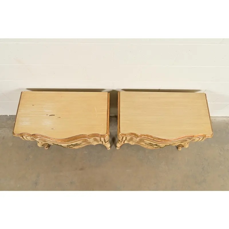 John Widdicomb Italian Rococo Louis XV Cream Lacquered and Gold Gilt Bedside Chests, Pair - Image 13