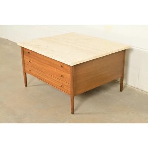 Paul McCobb Connoisseur Collection Mahogany and Travertine Top Cocktail Table, 1950s