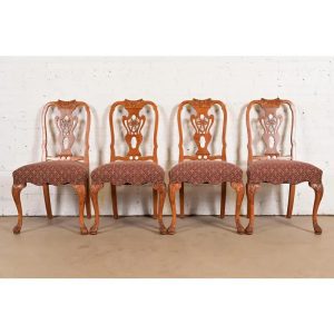 Romweber Antique Georgian Carved Walnut Dining Chairs, Set of Four