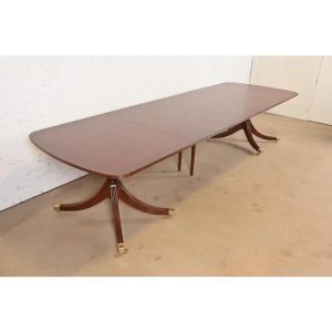 Smith & Watson Georgian Banded Cherry and Burl Wood Double Pedestal Extension Dining Table, Newly Refinished