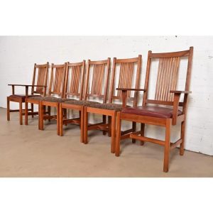 Stickley Mission Arts & Crafts Cherry Wood Spindle Back Dining Chairs, Set of Six