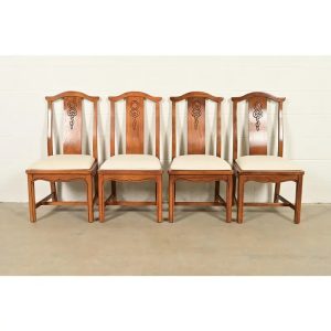 Thomasville Mid-Century Hollywood Regency Chinoiserie Carved Walnut Dining Chairs, Set of Four