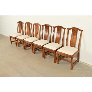 Thomasville Mid-Century Hollywood Regency Chinoiserie Carved Walnut Dining Chairs, Set of Six
