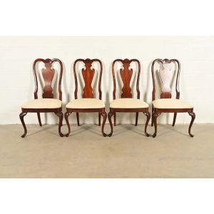 Thomasville Queen Anne Carved Solid Mahogany Dining Chairs, Set of Four
