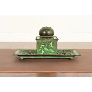 Apollo Studios New York Arts & Crafts Grapevine Pattern Bronze and Slag Glass Inkwell With Pen Holder
