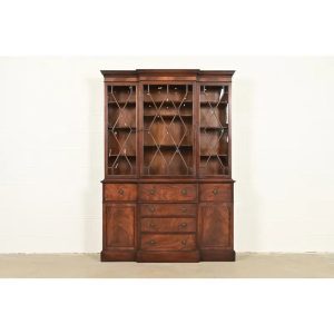 Baker Furniture Georgian Flame Mahogany Bubble Glass Breakfront Bookcase Cabinet With Drop Front Secretary Desk, Circa 1940s