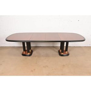 Drexel Heritage Modern Art Deco Walnut and Black Lacquered Double Pedestal Extension Dining Table, Newly Refinished