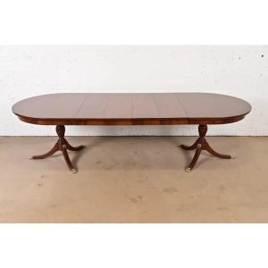 Henkel Harris Georgian Banded Mahogany Double Pedestal Extension Dining Table, Newly Refinished