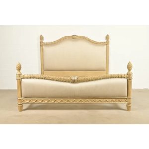 Henredon Style French Regency Louis XVI Cream Crackle Lacquered Upholstered King Size Bed
