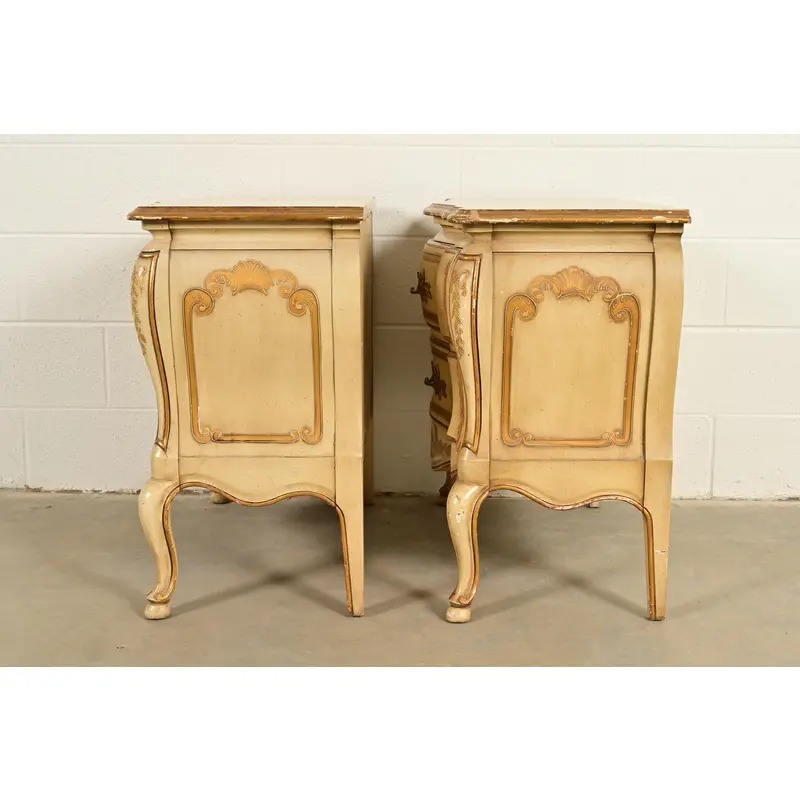 John Widdicomb Italian Rococo Louis XV Cream Lacquered and Gold Gilt Bedside Chests, Pair - Image 14