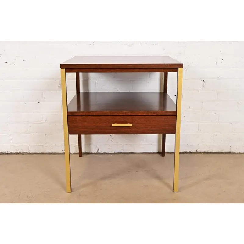 Paul McCobb for Calvin Furniture Linear Group Walnut Two-Tier Nightstand, Newly Refinished