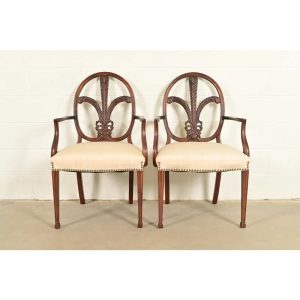 Romweber Antique French Regency Louis XVI Carved Mahogany Armchairs or Dining Chairs, Pair