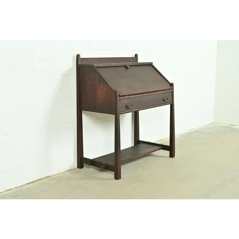 Stickley Brothers Style Antique Mission Oak Arts & Crafts Drop Front Secretary Desk, Circa 1910