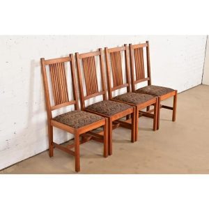 Stickley Mission Arts & Crafts Cherry Wood Spindle Back Dining Chairs, Set of Four