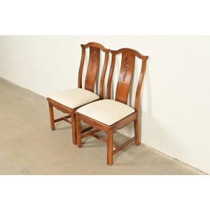 Thomasville Mid-Century Hollywood Regency Chinoiserie Carved Walnut Side Chairs or Dining Chairs, Pair