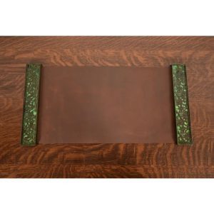 Apollo Studios New York Arts & Crafts Grapevine Pattern Bronze and Slag Glass Blotter Ends With Leather Desk Blotter
