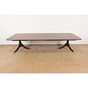 Baker Furniture Georgian Banded Cherry Wood Double Pedestal Extension Dining Table, Newly Refinished