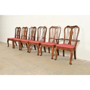 Baker Furniture Style Queen Anne Solid Walnut Dining Chairs, Set of Six