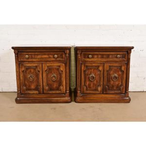 Drexel Heritage French Regency Louis XVI Burl Wood Nightstands, Pair