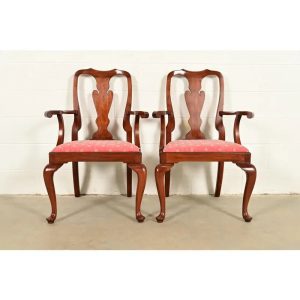 Henkel Harris Queen Anne Solid Cherry Wood Armchairs, Pair