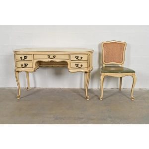 John Widdicomb Style French Provincial Louis XV Cream Lacquered and Gold Gilt Leather Top Ladies Writing Desk and Chair, Circa 1950s