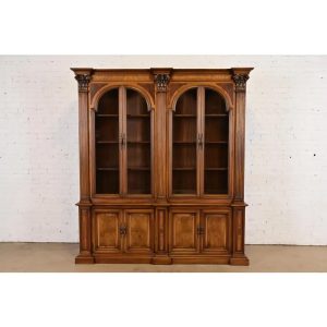 Romweber Neoclassical Carved Burled Walnut Lighted Breakfront Bookcase Cabinet, Circa 1960s
