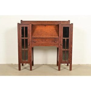 Stickley Brothers Style Antique Mission Oak Arts & Crafts Double Bookcase With Drop Front Secretary Desk, Circa 1910